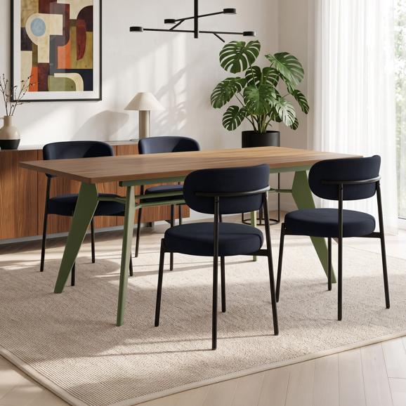 Conjunto mesa extensible MELOE 140-180cm roble patas caqui y 4 sillas IRIS terciopelo acanalado negro