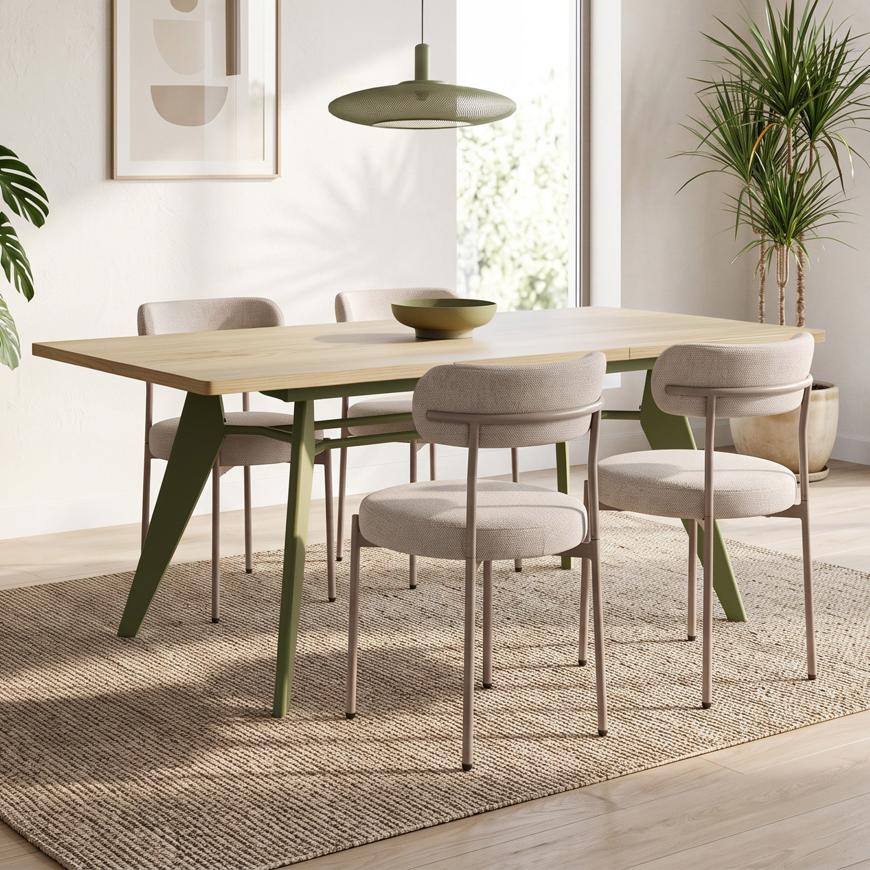 Udvidelsesbart sæt MELOE 140-180cm egetræ kakibejser og 4 GABY stole beige chenillestof