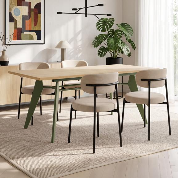 Conjunto mesa extensible MELOE 140-180cm roble patas caqui y 4 sillas IRIS terciopelo pana beige