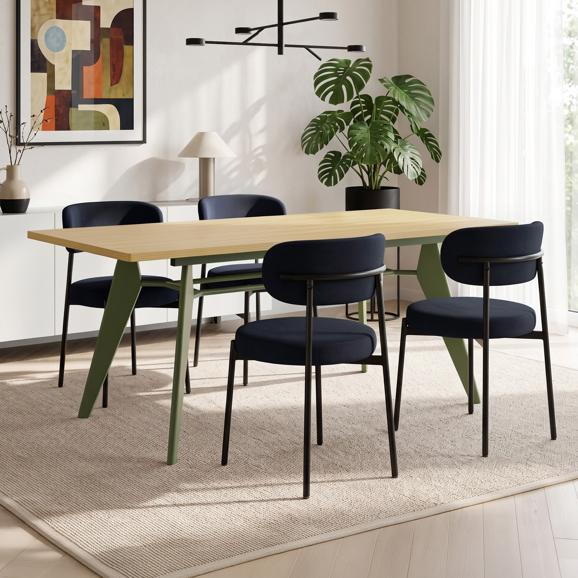 Conjunto mesa extensible MELOE 140-180cm roble patas kaki y 4 sillas IRIS terciopelo acanalado negro