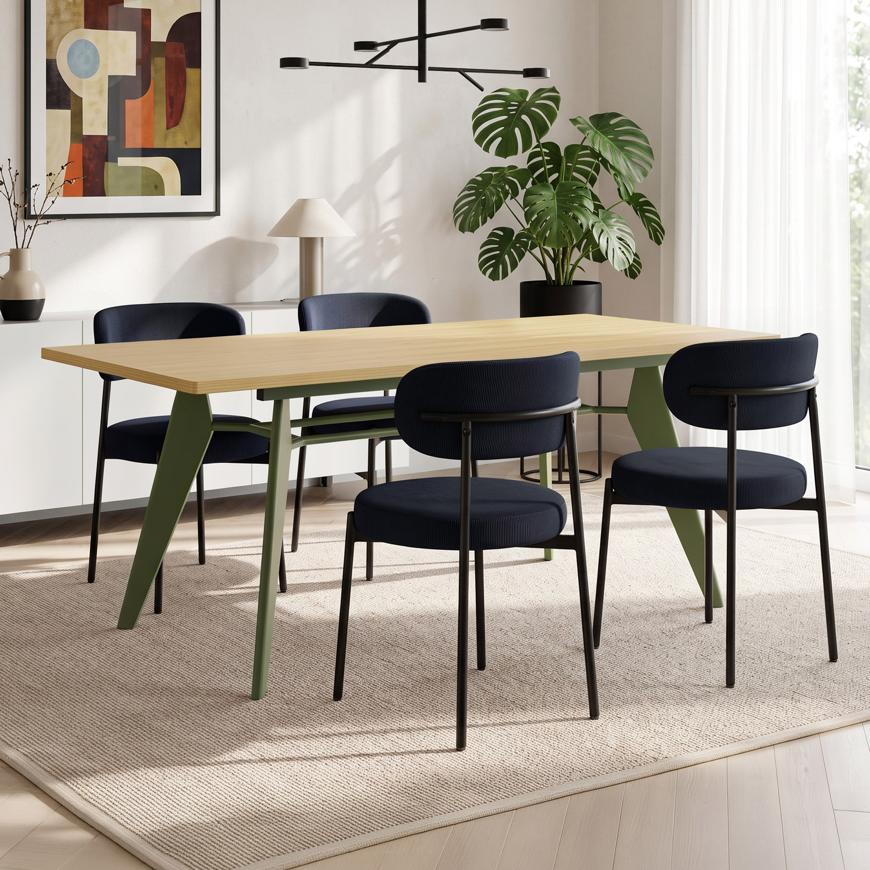 Conjunto mesa extensible MELOE 140-180cm roble patas kaki y 4 sillas IRIS terciopelo acanalado negro