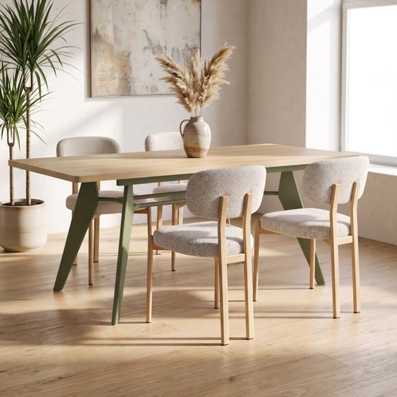 Conjunto mesa extensible MELOE 140-180cm roble patas caqui y 4 sillas MIA tejido chenilla beige