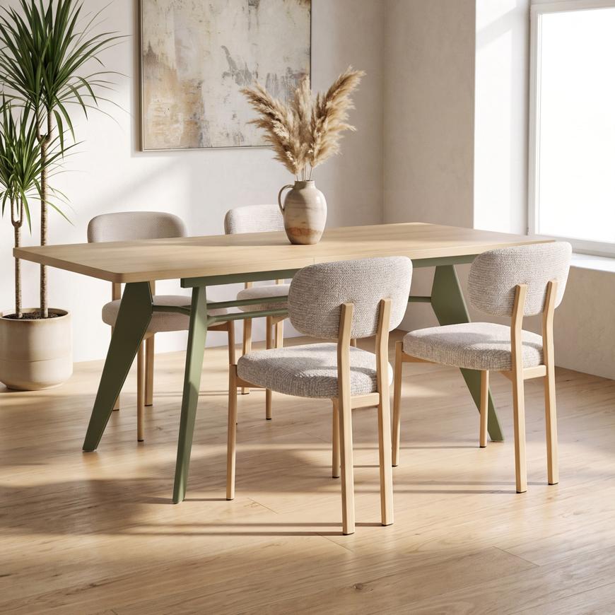 Conjunto mesa extensible MELOE 140-180cm roble patas caqui y 4 sillas MIA tejido chenilla beige