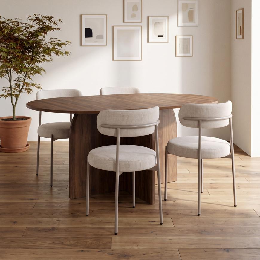 Σετ τραπέζι στρογγυλό επεκτεινόμενο ZELIE 110-150cm καρυδιά και 4 καρέκλες GABY ταπετσαρία chenille μπεζ