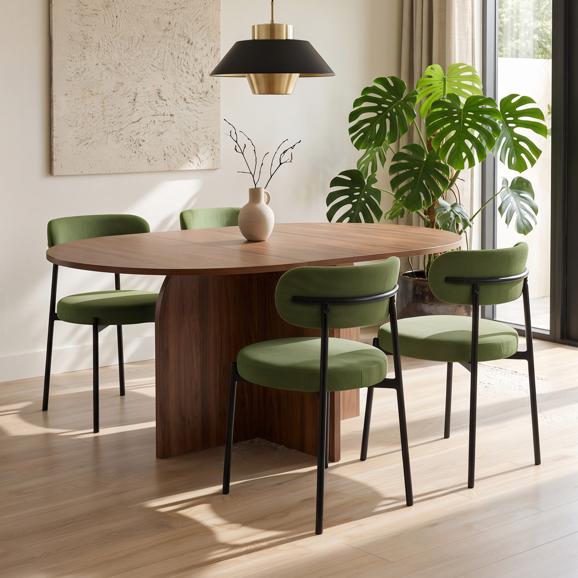 Σετ επεκτεινόμενο στρογγυλό τραπέζι ZELIE 110-150cm καρυδιά και 4 καρέκλες IRIS βελουδό ραβδωτό χακί