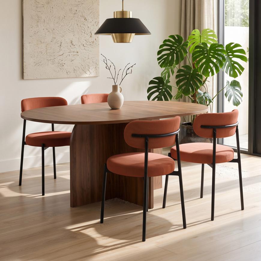 Σετ τραπέζι στρογγυλό επεκτεινόμενο ZELIE 110-150cm καρυδιά και 4 καρέκλες IRIS βελούδο κοτλέ terra cotta