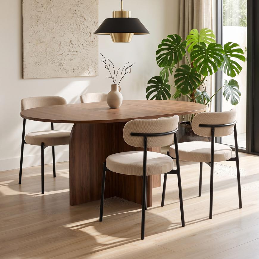 Σετ επεκτεινόμενο στρογγυλό τραπέζι ZELIE 110-150cm καρυδιά και 4 καρέκλες IRIS βελουδέτο ανθρακί