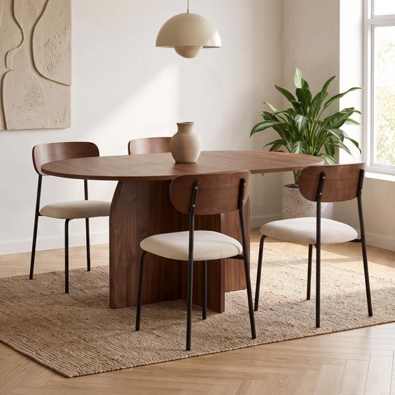 Σετ τραπεζάκι στρογγυλό επεκτάσιμο ZELIE 110-150cm καρυδιά και 4 καρέκλες OLIVIA βελούδο ραγωτό μπεζ