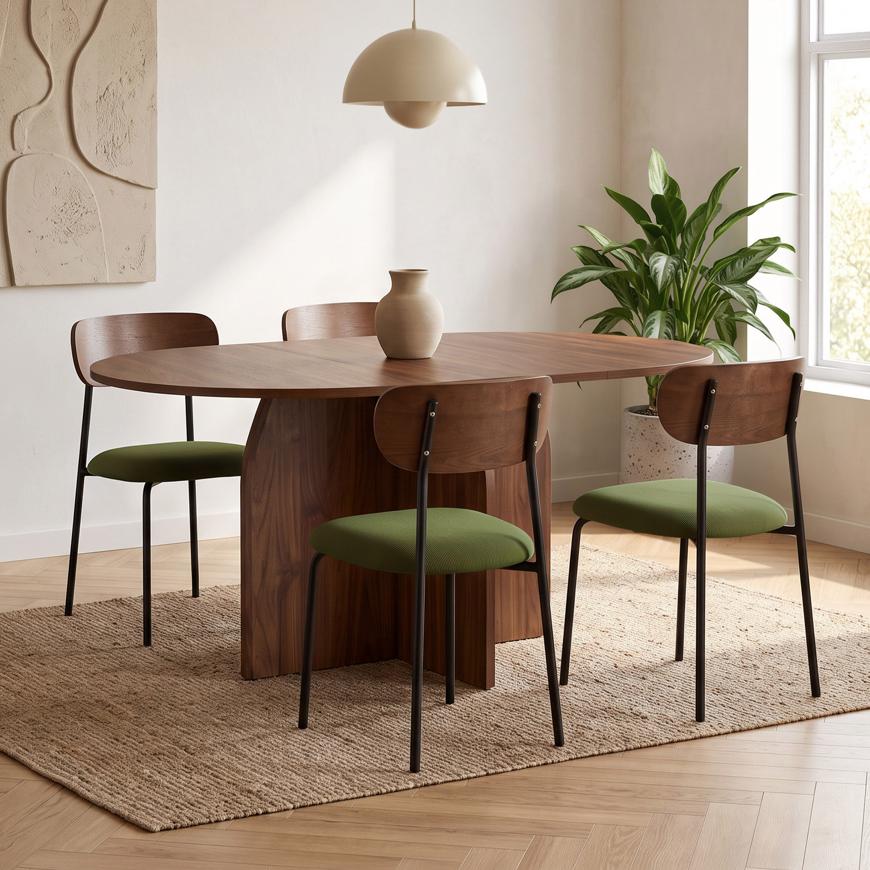 Σετ τραπέζι στρογγυλό επεκτεινόμενο ZELIE 110-150cm καρυδιά και 4 καρέκλες OLIVIA βελούδο κοτλέ χακί