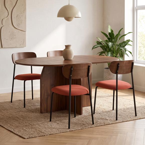Σετ στρογγυλό τραπέζι επεκτεινόμενο ZELIE 110-150cm καρυδιά και 4 καρέκλες OLIVIA βελούδο ραβδωτό terracotta