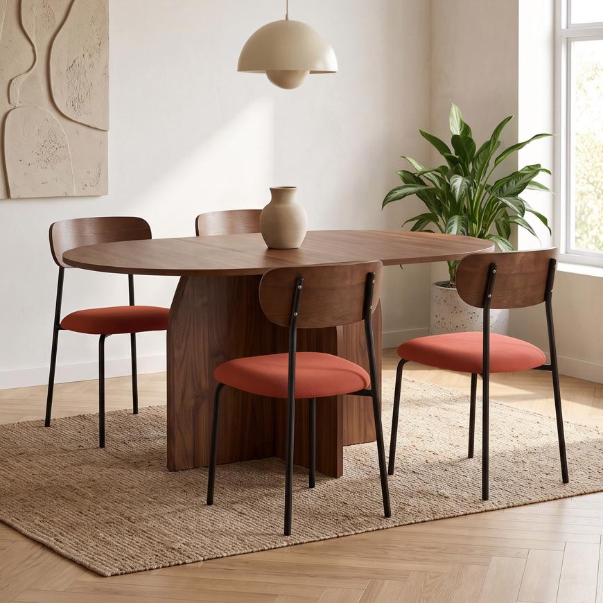 Σετ στρογγυλό τραπέζι επεκτεινόμενο ZELIE 110-150cm καρυδιά και 4 καρέκλες OLIVIA βελούδο ραβδωτό terracotta