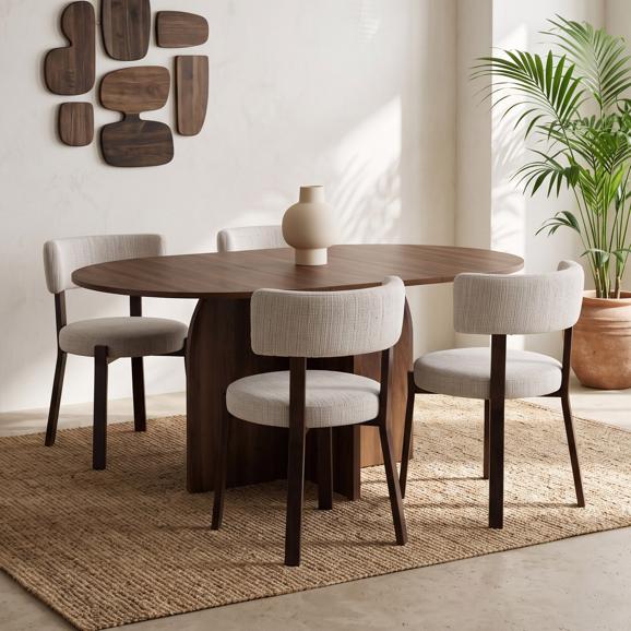 Σετ τραπέζι στρογγυλό επεκτάσιμο ZELIE 110-150cm καρυδιά και 4 καρέκλες ZOE ύφασμα chenille μπεζ