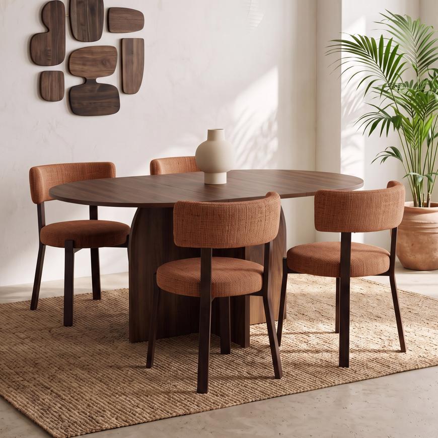 Σετ επεκτεινόμενο στρογγυλό τραπέζι ZELIE 110-150cm καρυδιά και 4 καρέκλες ZOE ύφασμα chenille terracotta