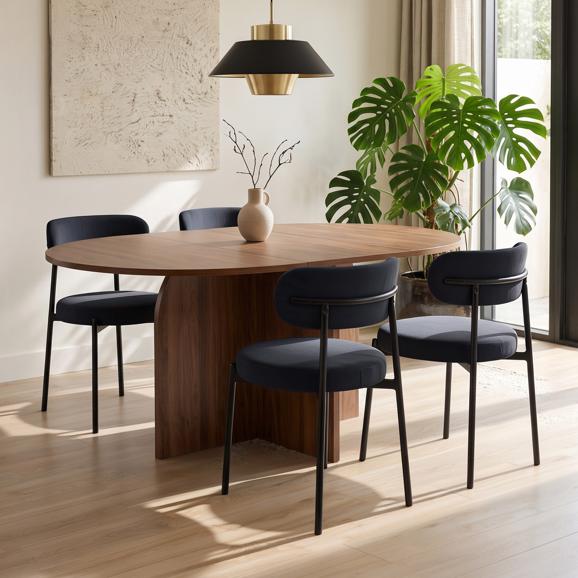Σετ επεκτεινόμενο στρογγυλό τραπέζι ZELIE 110-150cm καρυδιά και 4 καρέκλες IRIS βελούδο ραβδωτό μαύρο