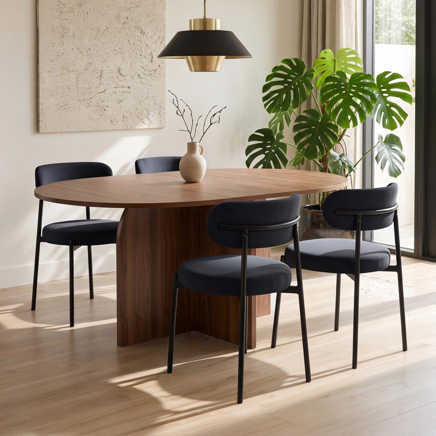 Σετ επεκτεινόμενο στρογγυλό τραπέζι ZELIE 110-150cm καρυδιά και 4 καρέκλες IRIS βελούδο ραβδωτό μαύρο