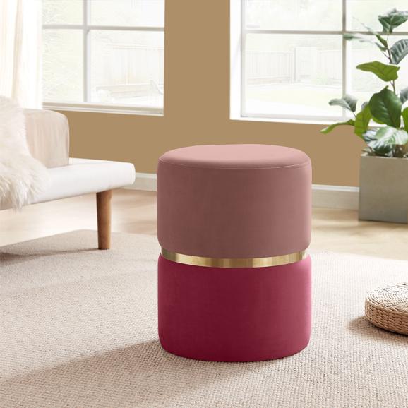 Pouf LOUISE Velours Rose framboise et Métal Doré