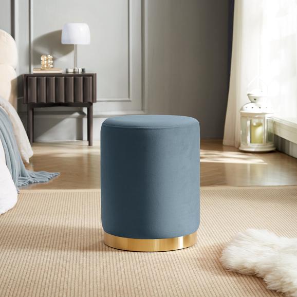 Pouf CHARLOTTE I Velours bleu céladon et Métal Doré