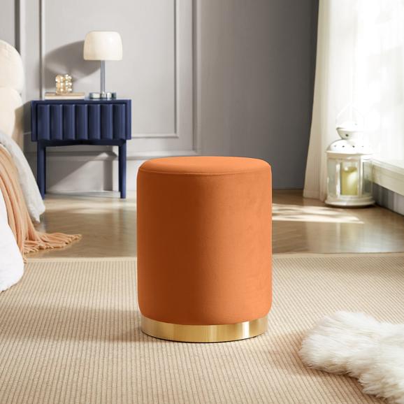 Pouf CHARLOTTE I Velours Orange brûlée et Métal Doré