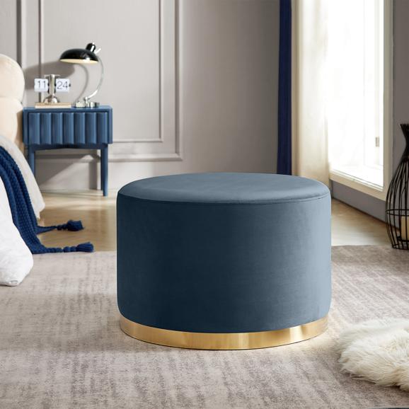 Pouf CHARLOTTE II Velours bleu céladon et Métal Doré