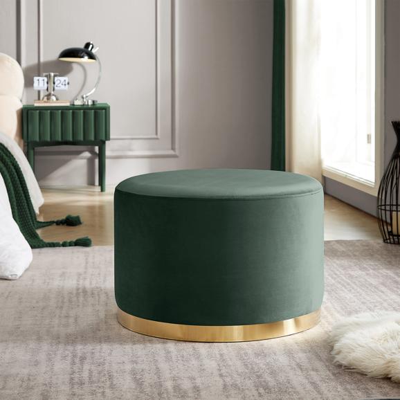 Pouf CHARLOTTE II Velours Vert sapin et Métal Doré