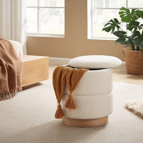 Pouf coffre ROMÉO tissu bouclette blanc