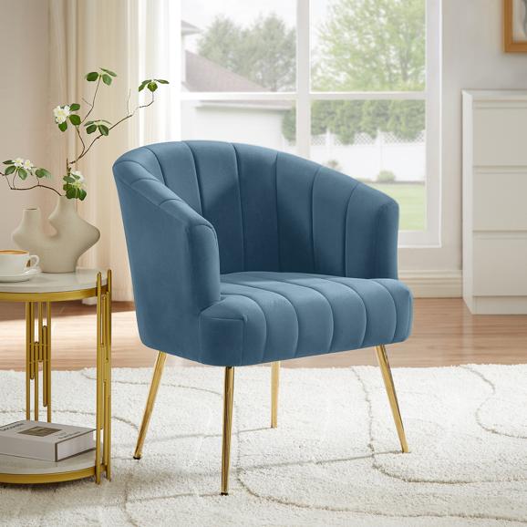 Fauteuil cabriolet NOA velours bleu gris et pieds dorés