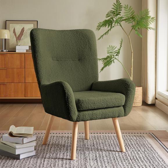 Fauteuil scandinave moderne GAÏA tissu bouclette kaki