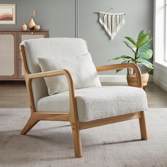 Fauteuil scandinave vintage MARIE bouclette blanc et bois