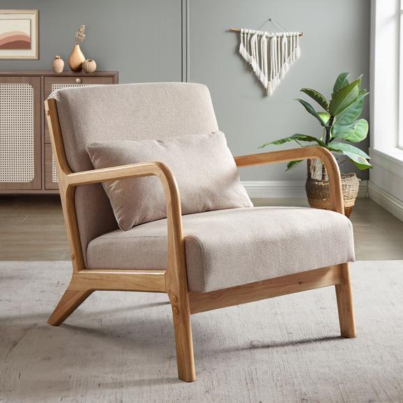 Fauteuil scandinave vintage MARIE lin beige et bois