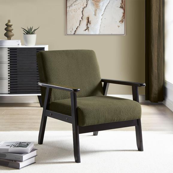 Fauteuil en bois vintage ERIK velours côtelé vert foncé