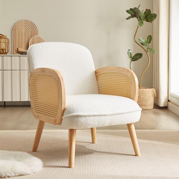 Fauteuil bohème ROSI cannage et bouclette blanc