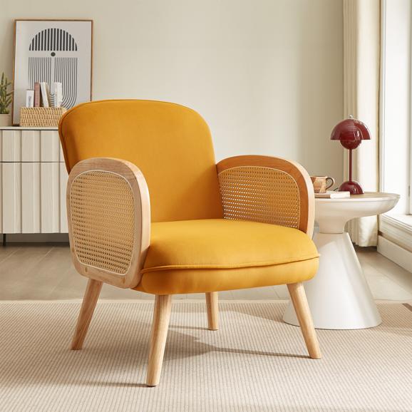 Fauteuil bohème ROSI cannage et velours ocre jaune