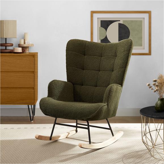 Fauteuil à bascule scandinave LUNA bouclette kaki avec surpiqûres