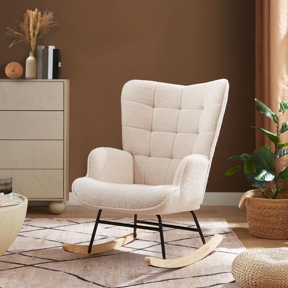 Fauteuil à bascule scandinave LUNA bouclette beige avec surpiqûres