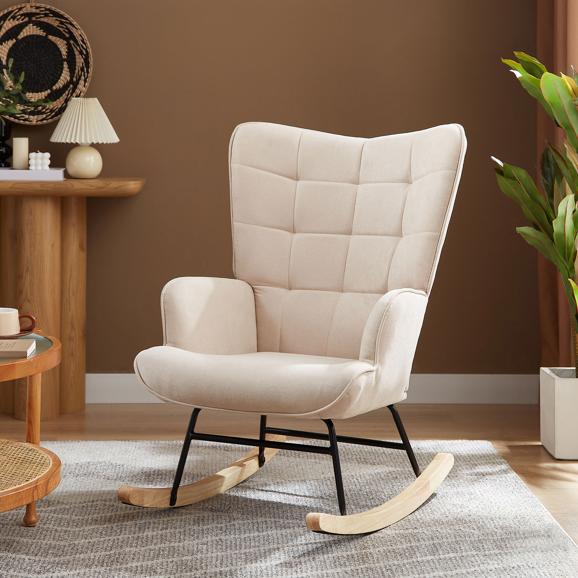 Fauteuil à bascule scandinave LUNA tissu beige avec surpiqûres