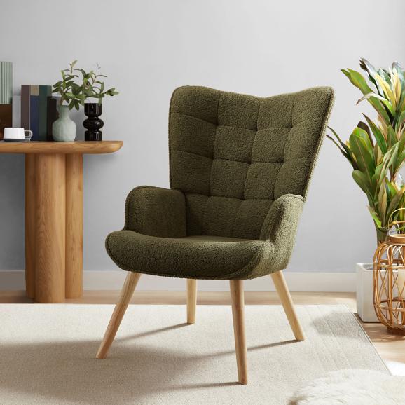 Fauteuil scandinave STELLA bouclette kaki avec surpiqûres