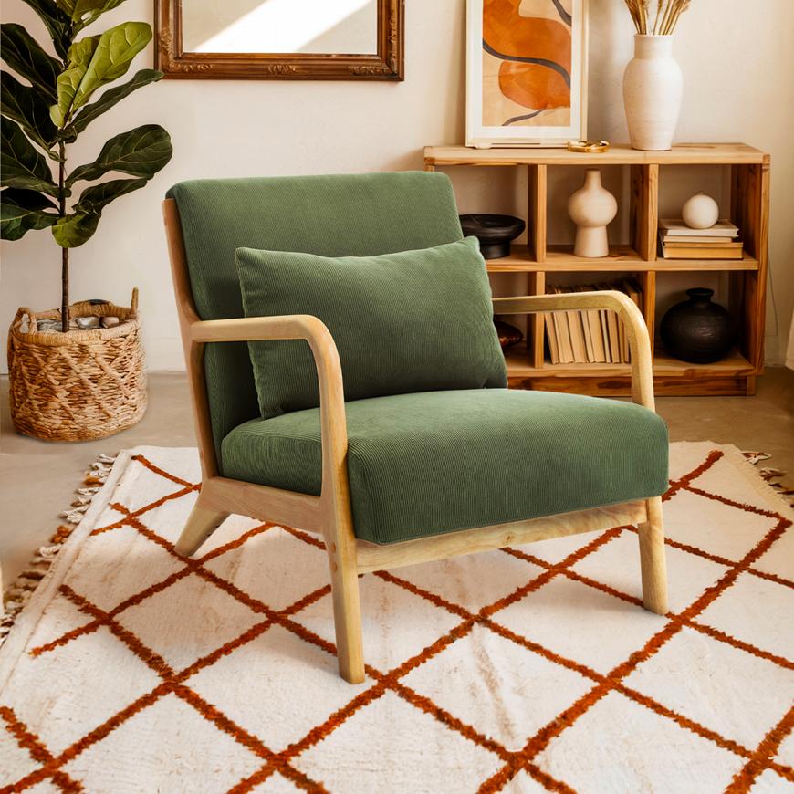 MARIE vintage Scandinavian armchair in khaki corduroy and wood