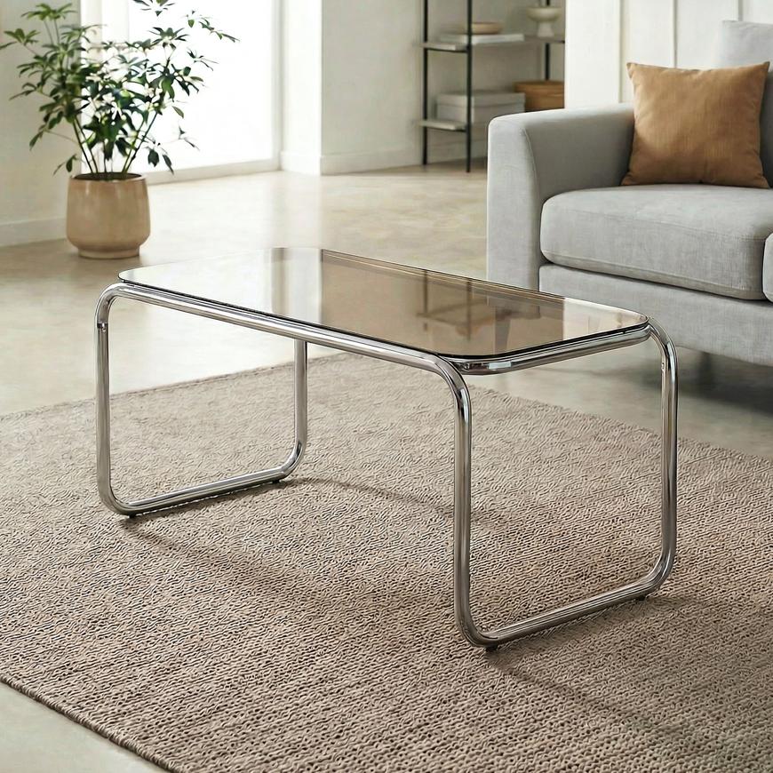 Masă de cafea AMAYA din metal, stil contemporan, cu sticlă maro