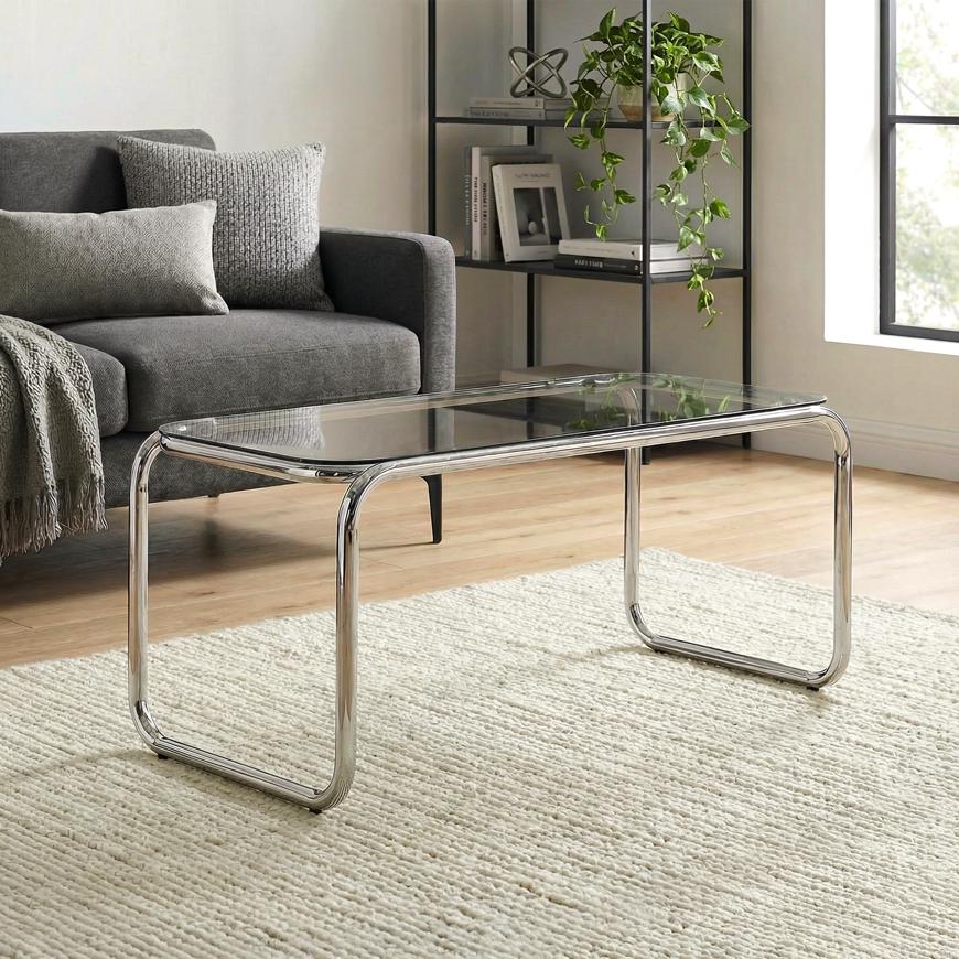 Masă de cafea AMAYA din metal, stil contemporan, cu blat din sticlă neagră