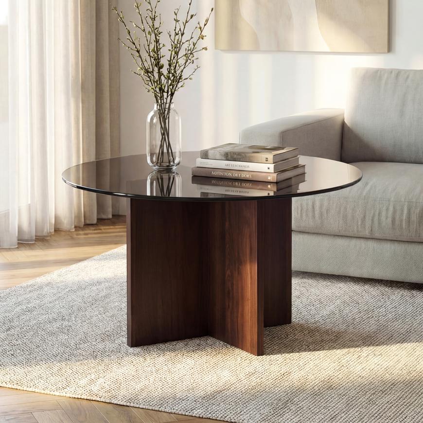 Soffbord Rund Ø80cm Härdat glas Svart och Valnötsram GIULIA