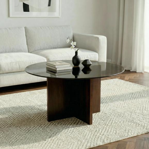 GIULIA moderna črna steklena klubska mizica v orehovem odtenku