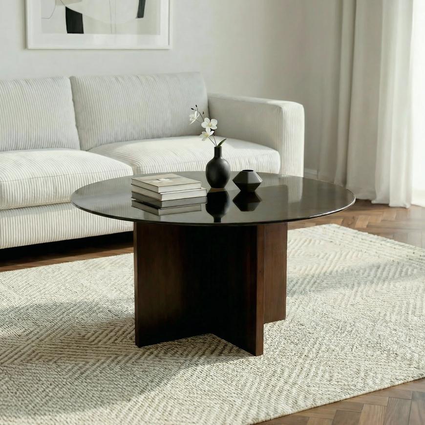 GIULIA moderna črna steklena klubska mizica v orehovem odtenku