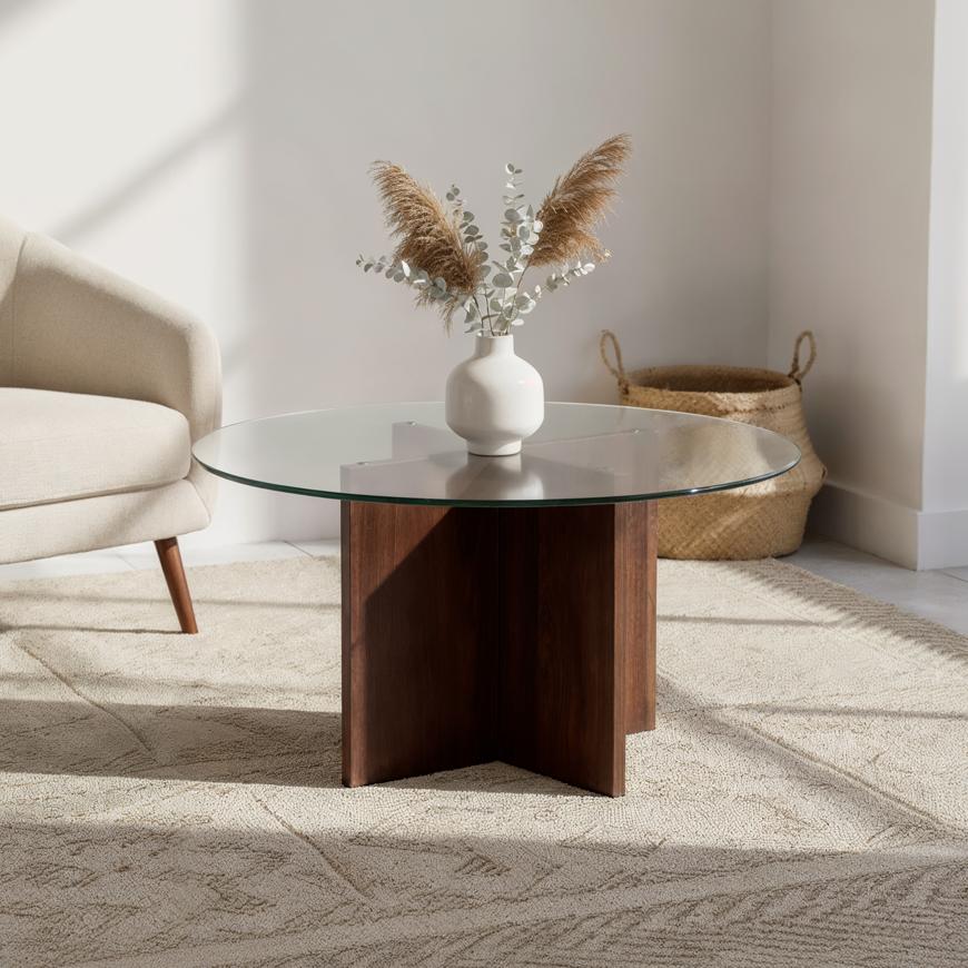 Moderna klubska mizica GIULIA iz prozornega stekla in oreha