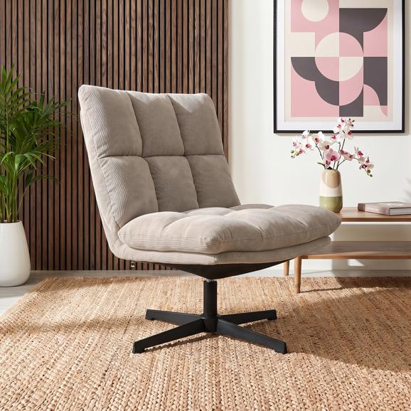 TAO 360° grozāms atpūtas krēsls bēšā korduroja krāsā ar melnām metāla kājām