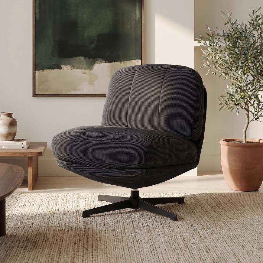 Sillón giratorio LENA 360° en pana antracita con patas de metal negro