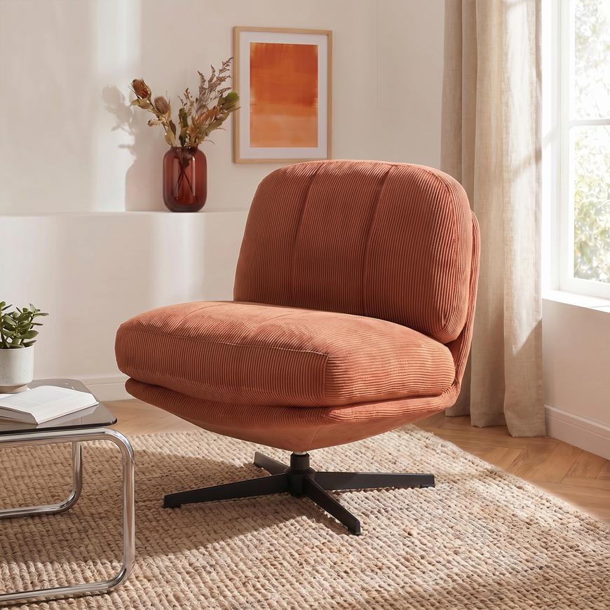 Fauteuil pivotant 360° velours côtelé terracotta pied métal noir LENA