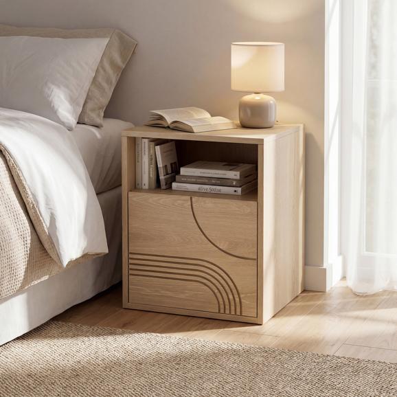 Set of 2 Scandinavian bedside tables with 1 door, oak finish, SASKIA oak