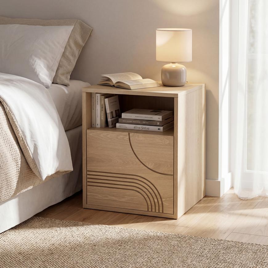 Set of 2 Scandinavian bedside tables with 1 door, oak finish, SASKIA oak