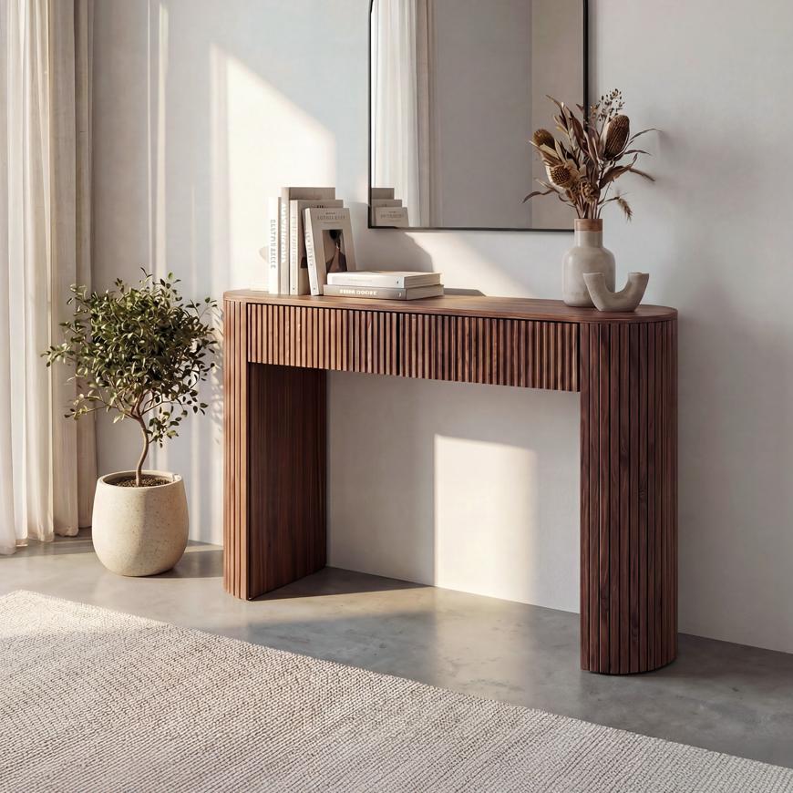 Bohemian console table, 120cm, 2 drawers, walnut finish ALBA