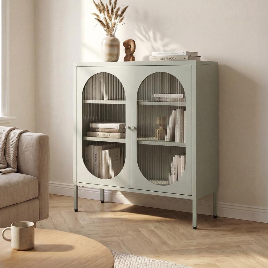 EDEN Industrial Metal Sideboard with 2 Doors, Sage Green and Fluted Glass, 80cm